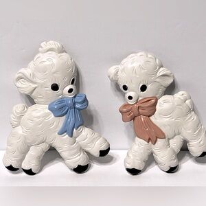 Vintage Hamco  Set of two wall hanging Lambs pink blue bow